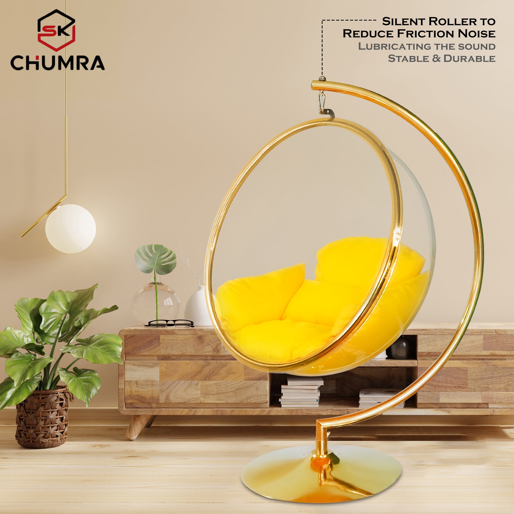 Gold Acrylic Bubble Swing chair with Stand Cushion Gold finish